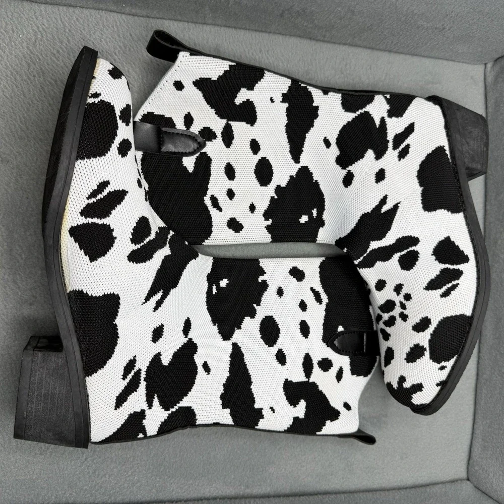 Women's Cow Print Knit Ankle Boots Size 40 Black White Block Heel Western